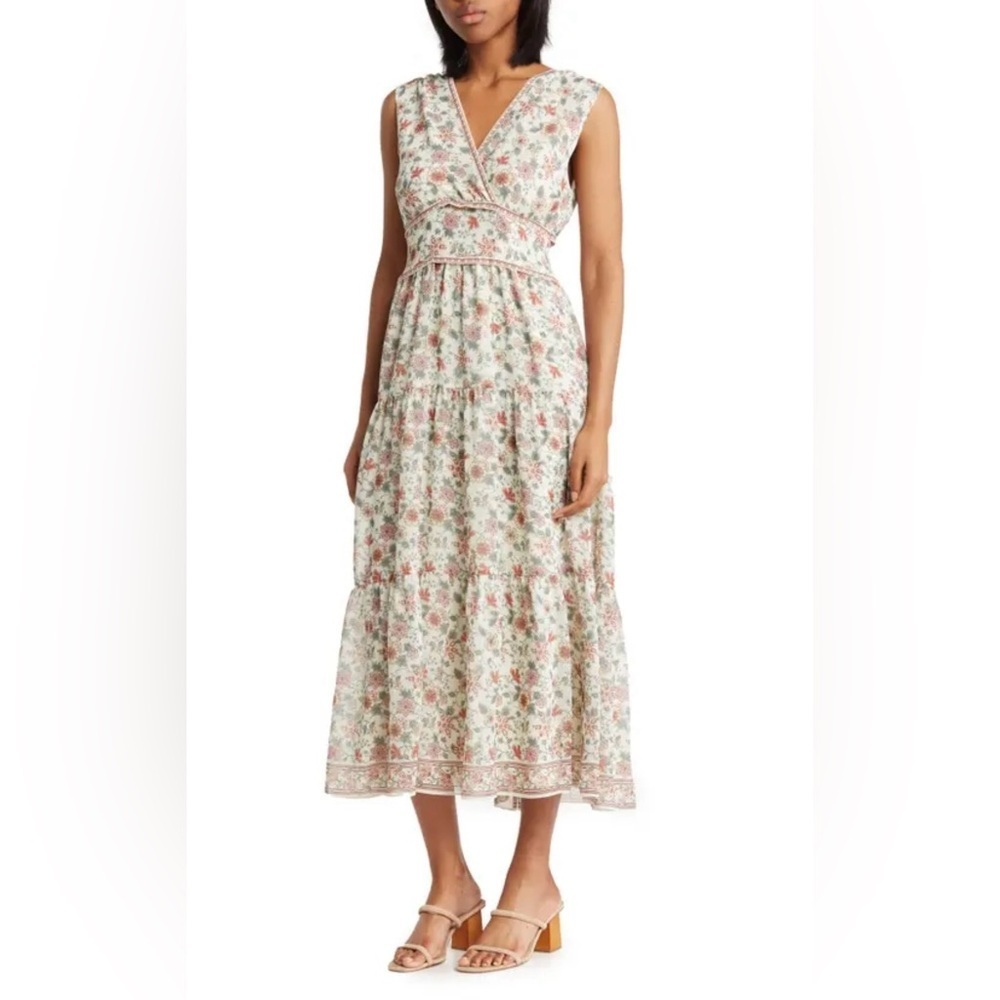 Max Studio Sleeveless V-Neck Tiered Maxi Dress In Cream Blush Floral Medley Nwt